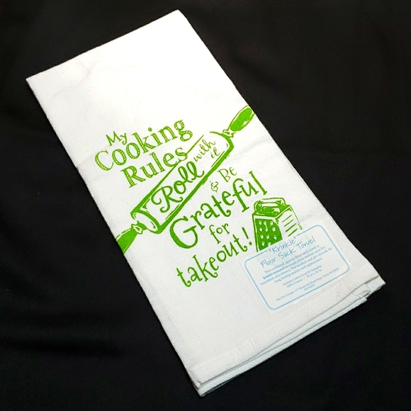 Kitchen Flour Sack Towel My Cooking Rules Grateful For Takeout Cotton White NWT - Picture 1 of 9